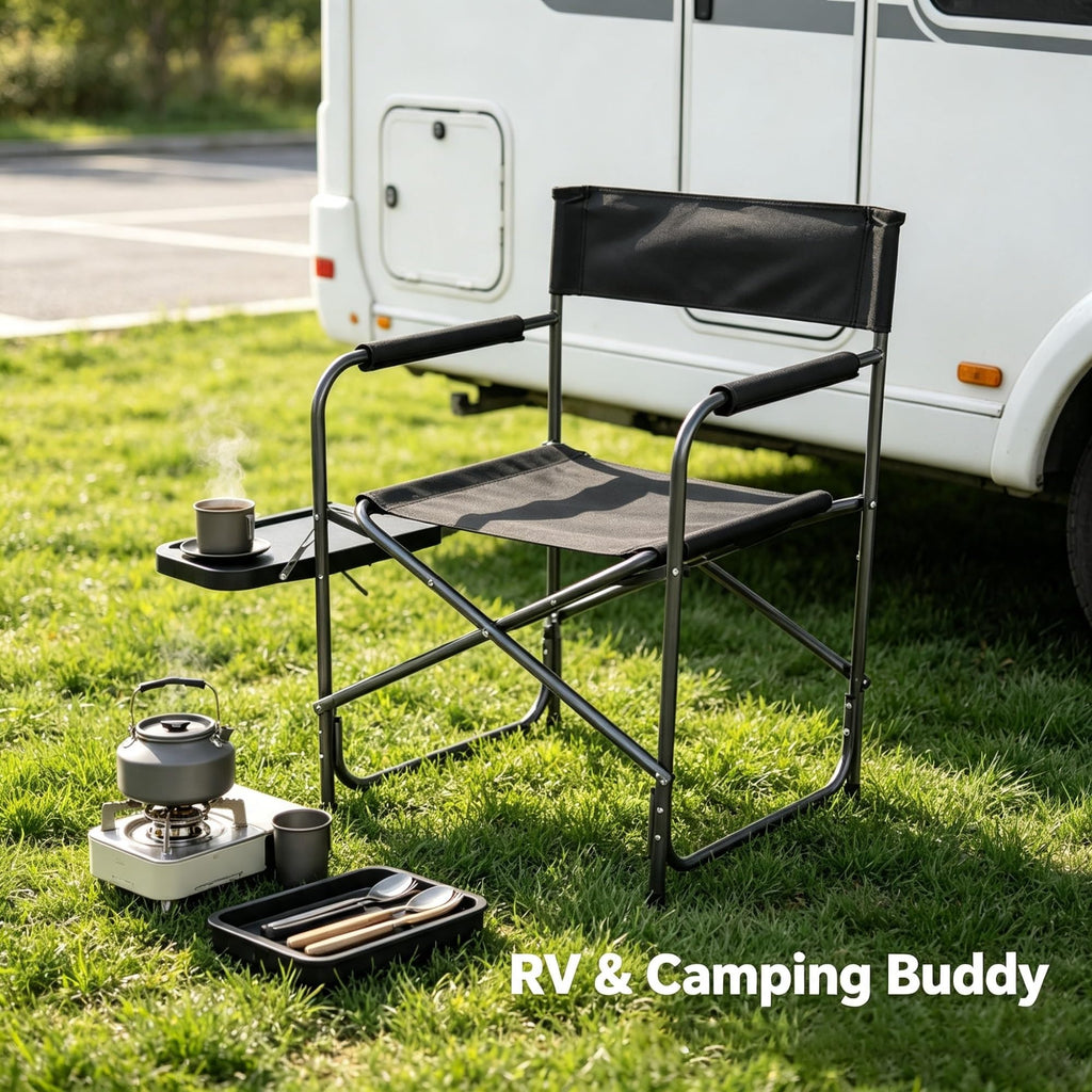 Folding Outdoor Director Chair With Foldable Side Table And Cup Holder, Rust Proof Steel Frame Heavy Duty Portable Camping Tailgating , 300 LBS Weight Capacity product image