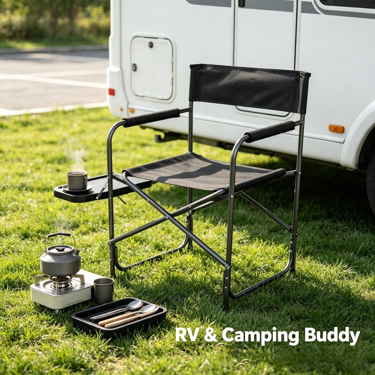 Folding Outdoor Director Chair With Foldable Side Table And Cup Holder, Rust Proof Steel Frame Heavy Duty Portable Camping Tailgating , 300 LBS Weight Capacity product image