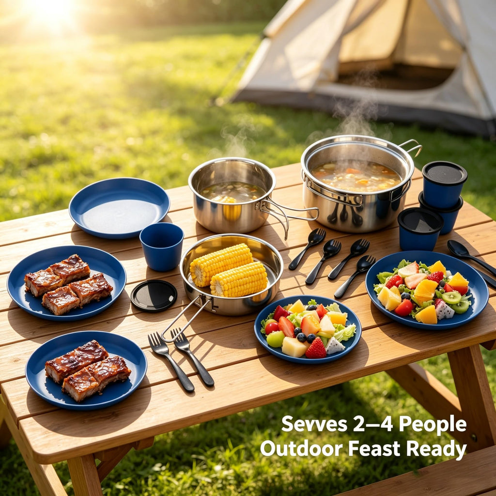 22-Piece Non-Stick Camping Mess Kit With Storage Mesh Bag, Lightweight Portable Outdoor Cookware Dinner Set For 4 Persons, Suitable For Hiking Picnic RV Travel product image
