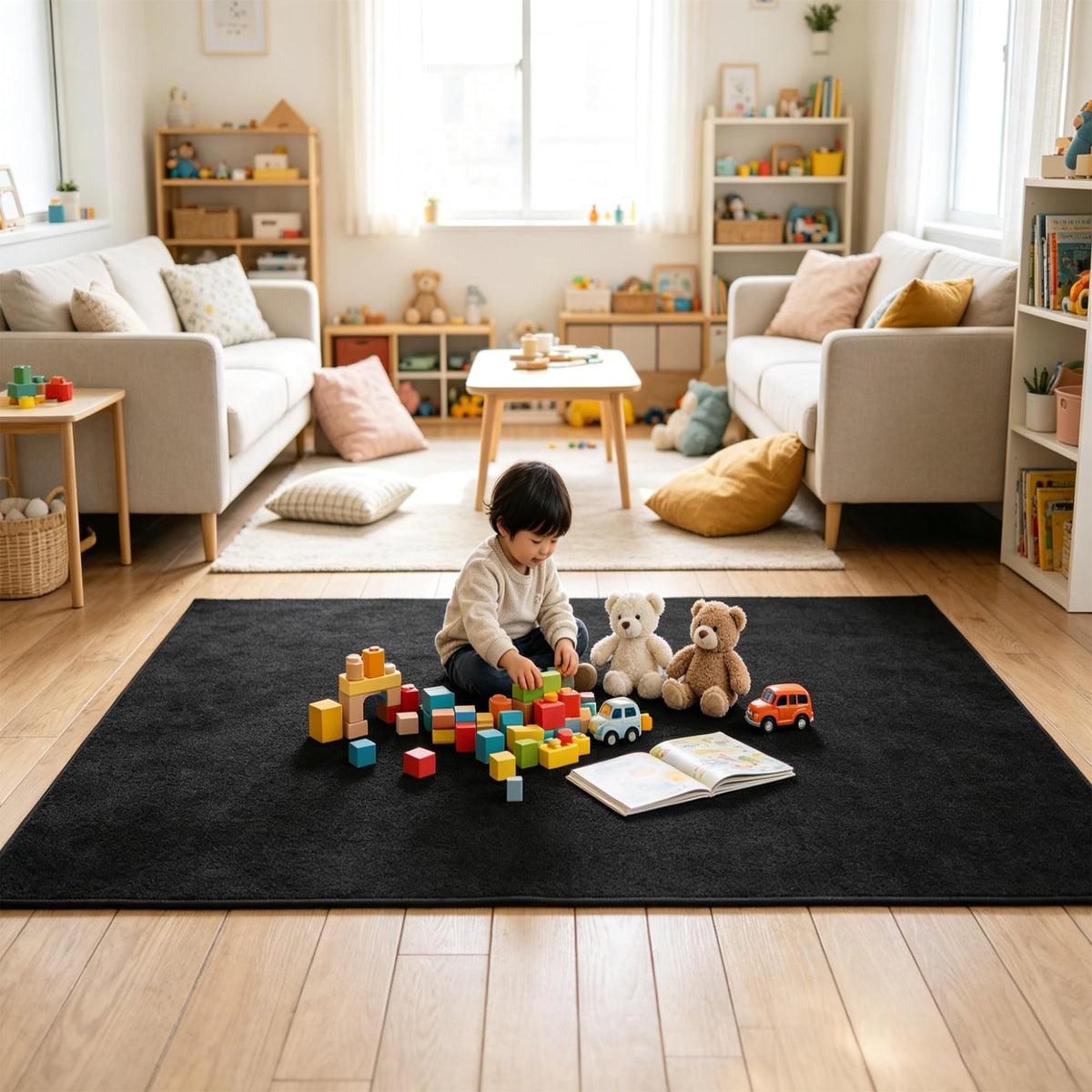 Solid Black Indoor Area Rug, 54"×78" Stain Fade Resistant Woven Carpet, Pet Friendly For Garage Basement Living Room Dining product image
