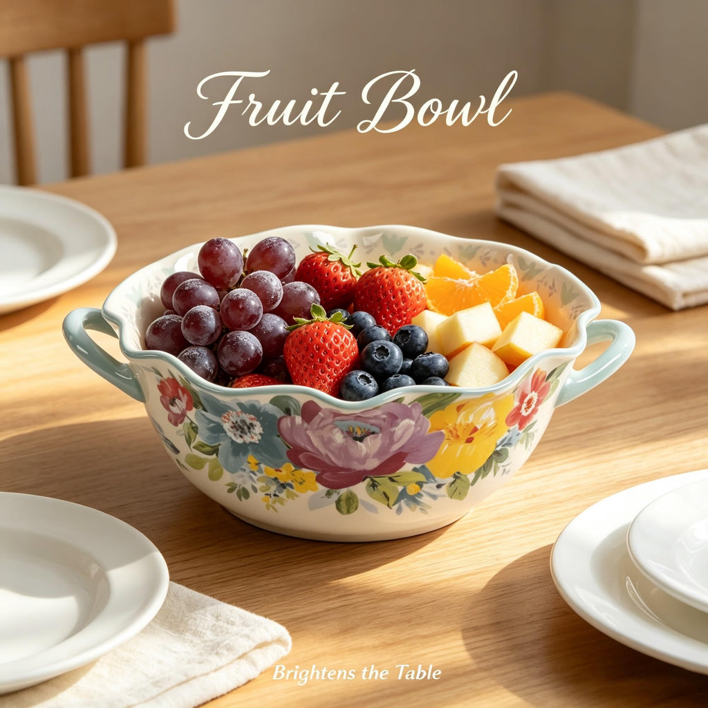 Sweet Romance Blossom Ceramic Serving Bowl With Dual Side Handles, 9.9-Inch Floral Scalloped Edge Dish For Salad, Dishes And Food Mixing product image