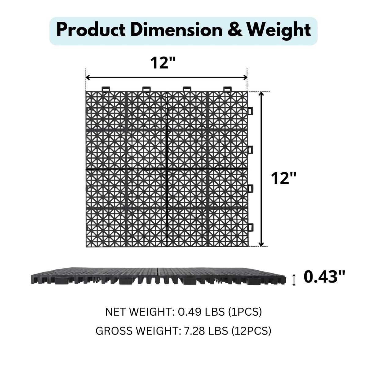 12 Pack Black Interlocking Plastic Deck Tiles, 12×12 Inch Waterproof Anti-Slip Floor Tile With Drainage For Patio Balcony Bathroom Shower All Weather product image