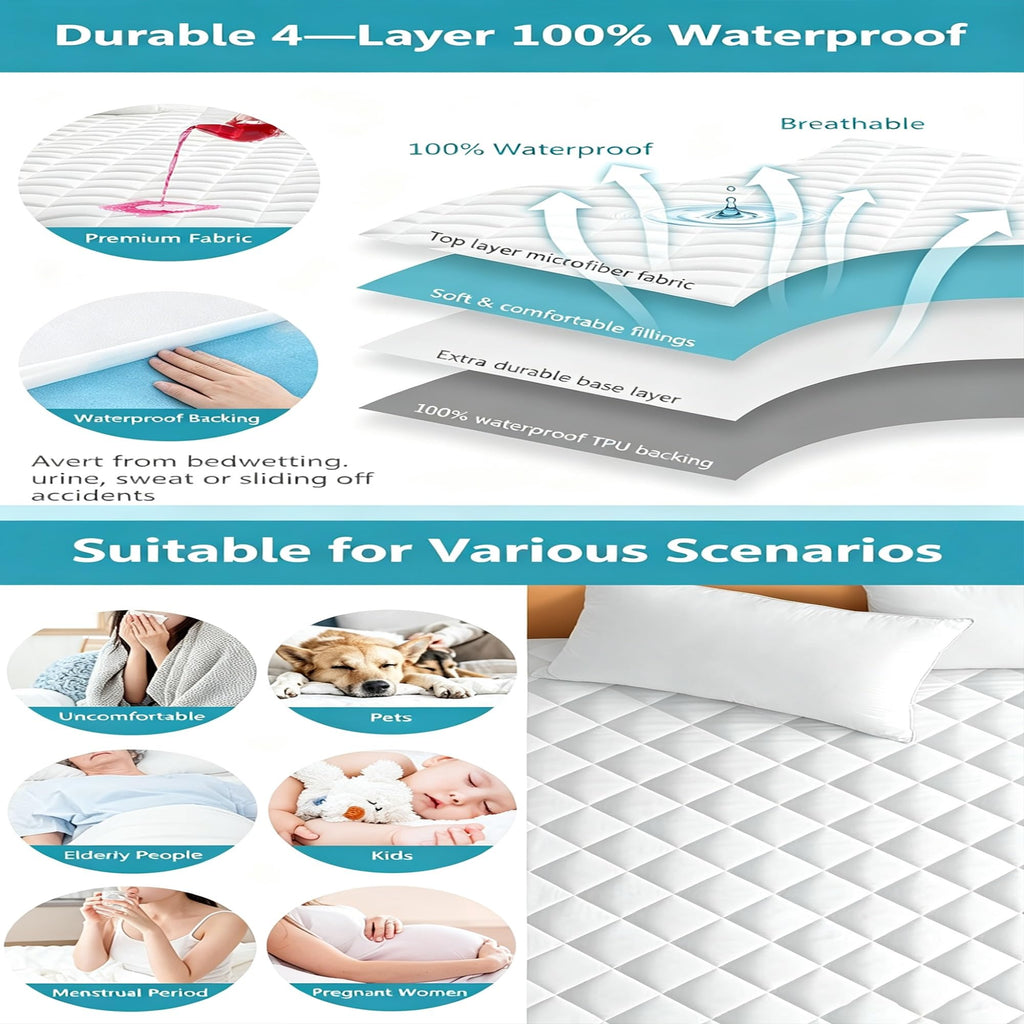 Size 60"×80" Quilted Fitted Waterproof Mattress Pad Cover, 100% Liquid-Proof Noiseless Microfiber Protector, Deep Pocket Fits 8"-21" Mattresses, Washable Diamond Stitch Soft White Bed product image