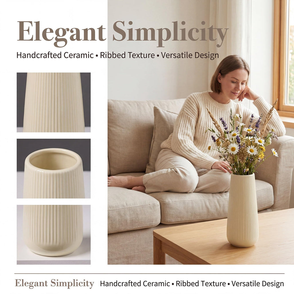 Ribbed Ceramic Vase For Flowers Cream Yellow 3.5"L X .5"W 7.9"H(CreamYellow) - product image 4