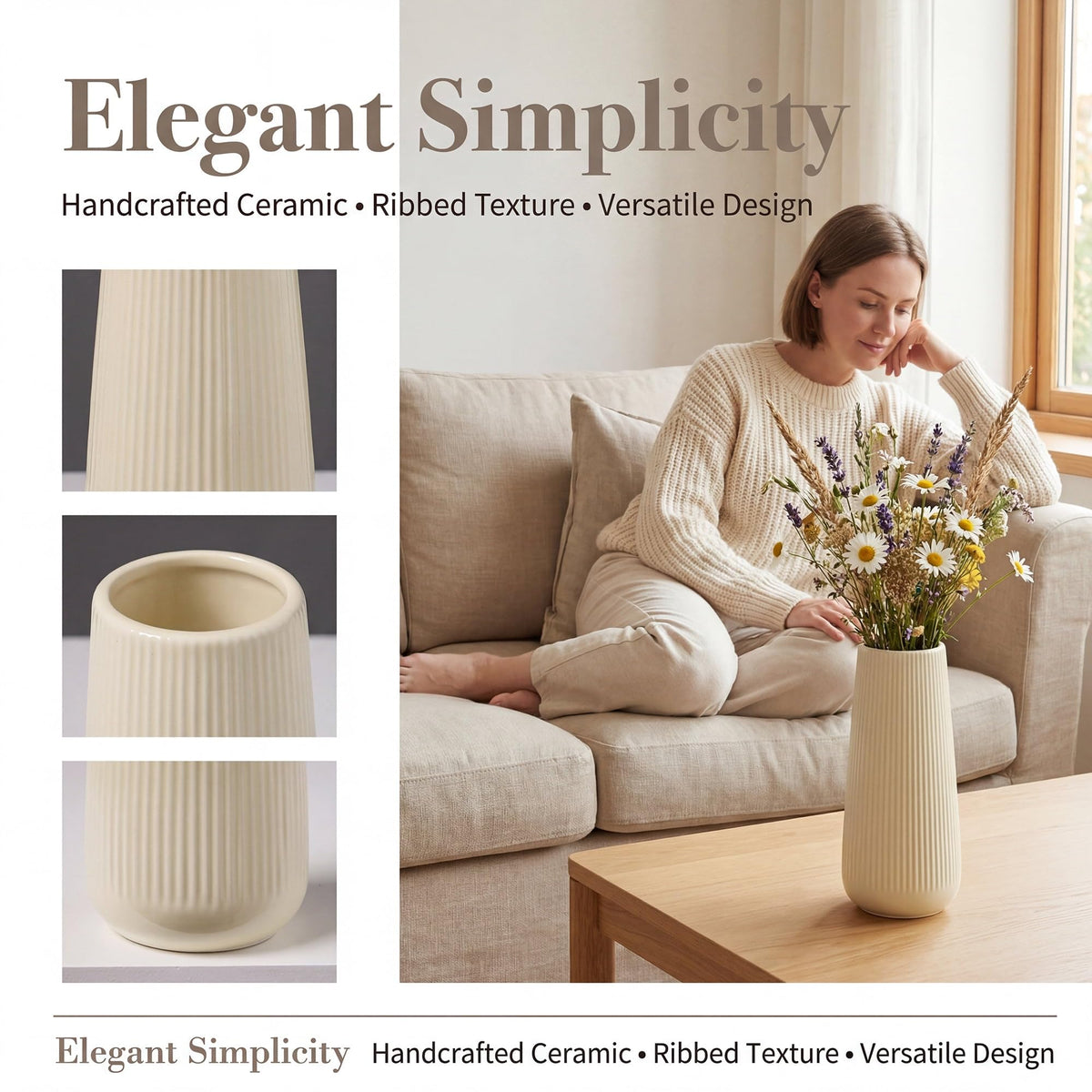 Ribbed Ceramic Vase For Flowers Cream Yellow 3.5"L X .5"W 7.9"H(CreamYellow) - product image 4