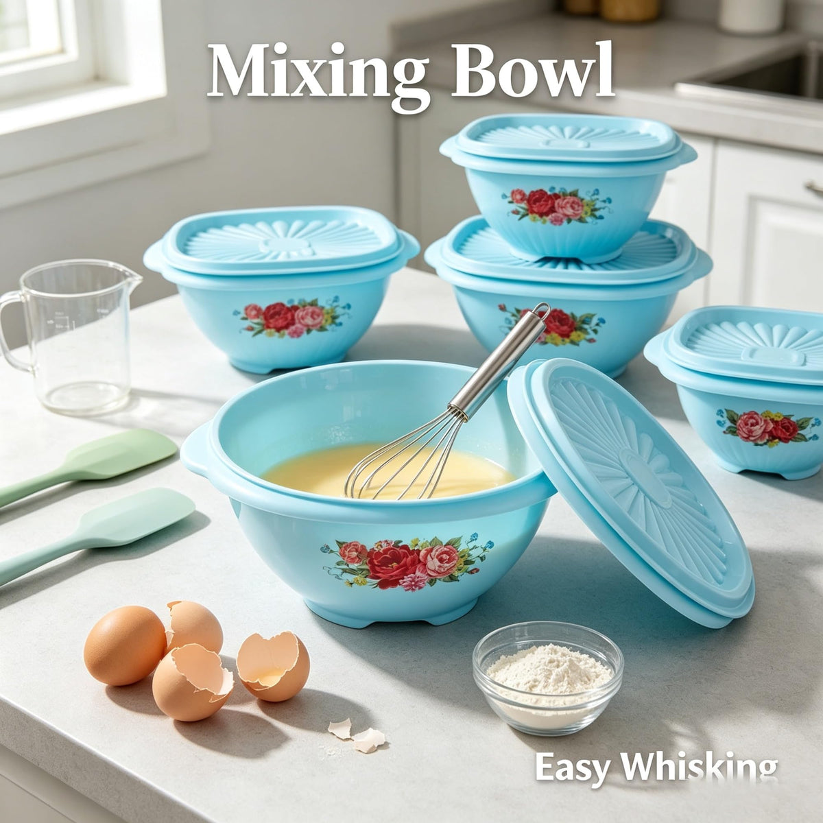8 Piece Nesting Plastic Bowl Set With Matching Lids, Teal, Multi-Size BPA-Free Food Storage & Mixing Bowls For Meal Prep And Kitchen Organization product image