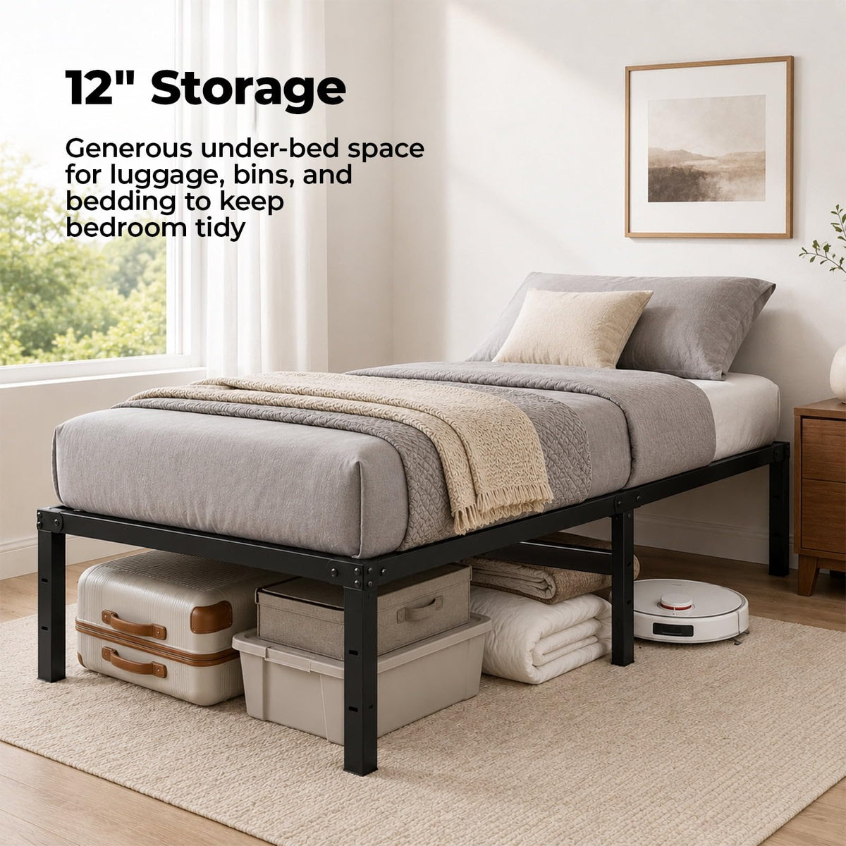 16 Inch Black Metal Bed Frame, Heavy Duty Noise-Free Steel Mattress Foundation, No Box Spring Required, Large Under-Bed Storage, Easy Assembly, Supports Up To 2000 Lbs product image