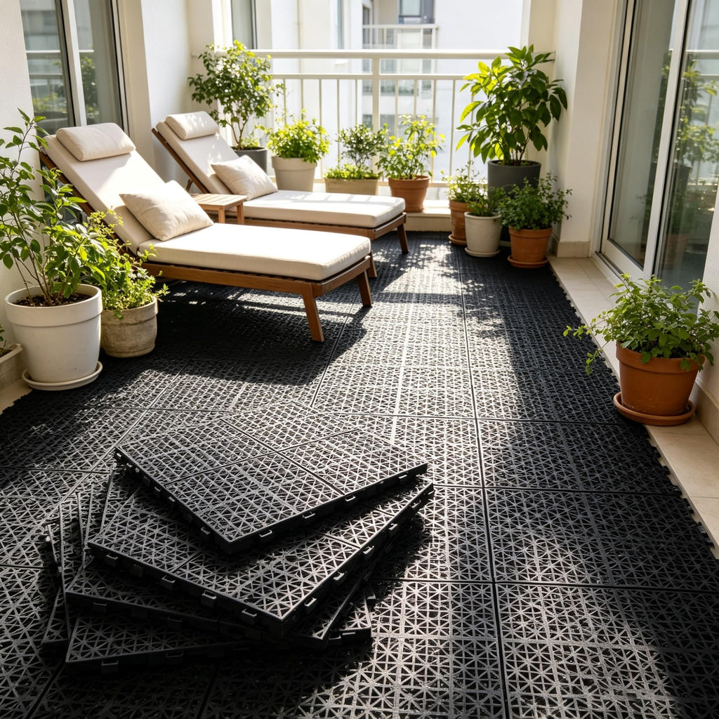 12 Pack Black Interlocking Plastic Deck Tiles, 12×12 Inch Waterproof Anti-Slip Floor Tile With Drainage For Patio Balcony Bathroom Shower All Weather product image