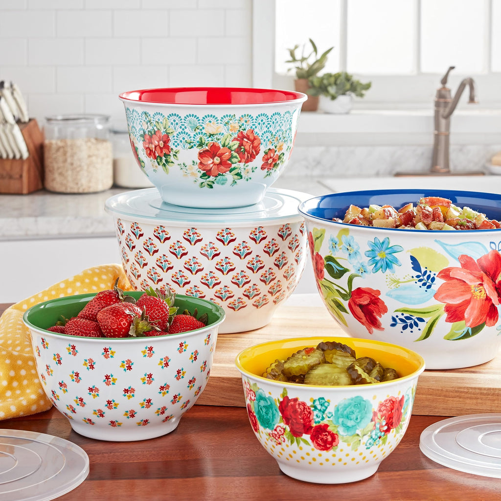 Spring Bouquet 10-Piece Melamine Mixing Bowl Set, 5 Nesting Prep Bowls With Snap-On Lids, BPA-Free Serving Storage product image