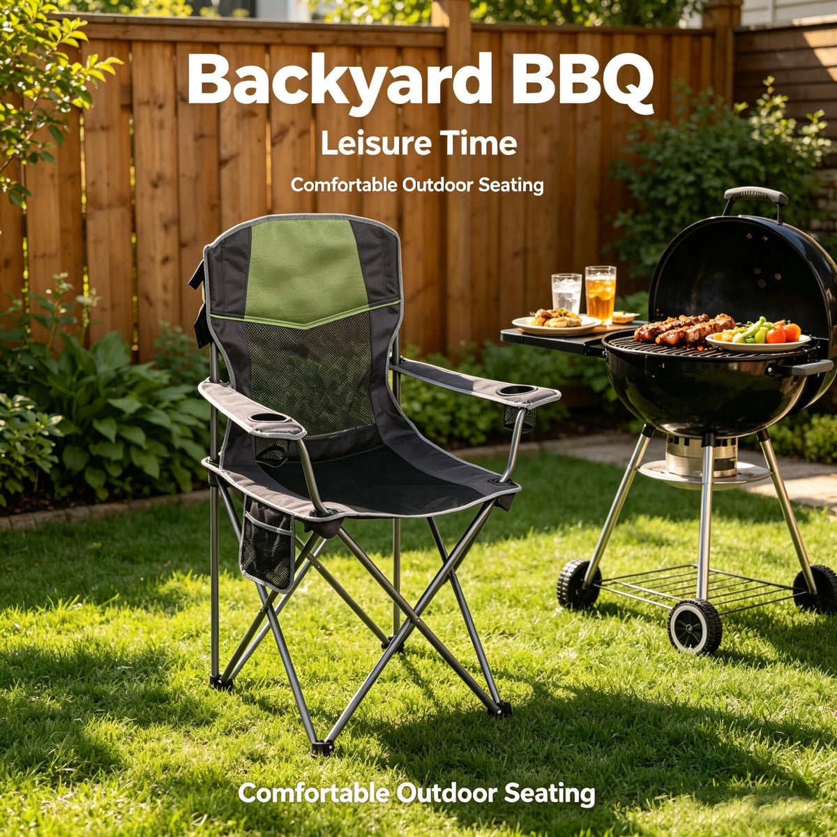 Green Oversized Folding Quad Camping Chair With High Back & Cup Holders, Heavy-Duty Outdoor Seat With Carry Bag And Umbrella Holder For Gatherings product image