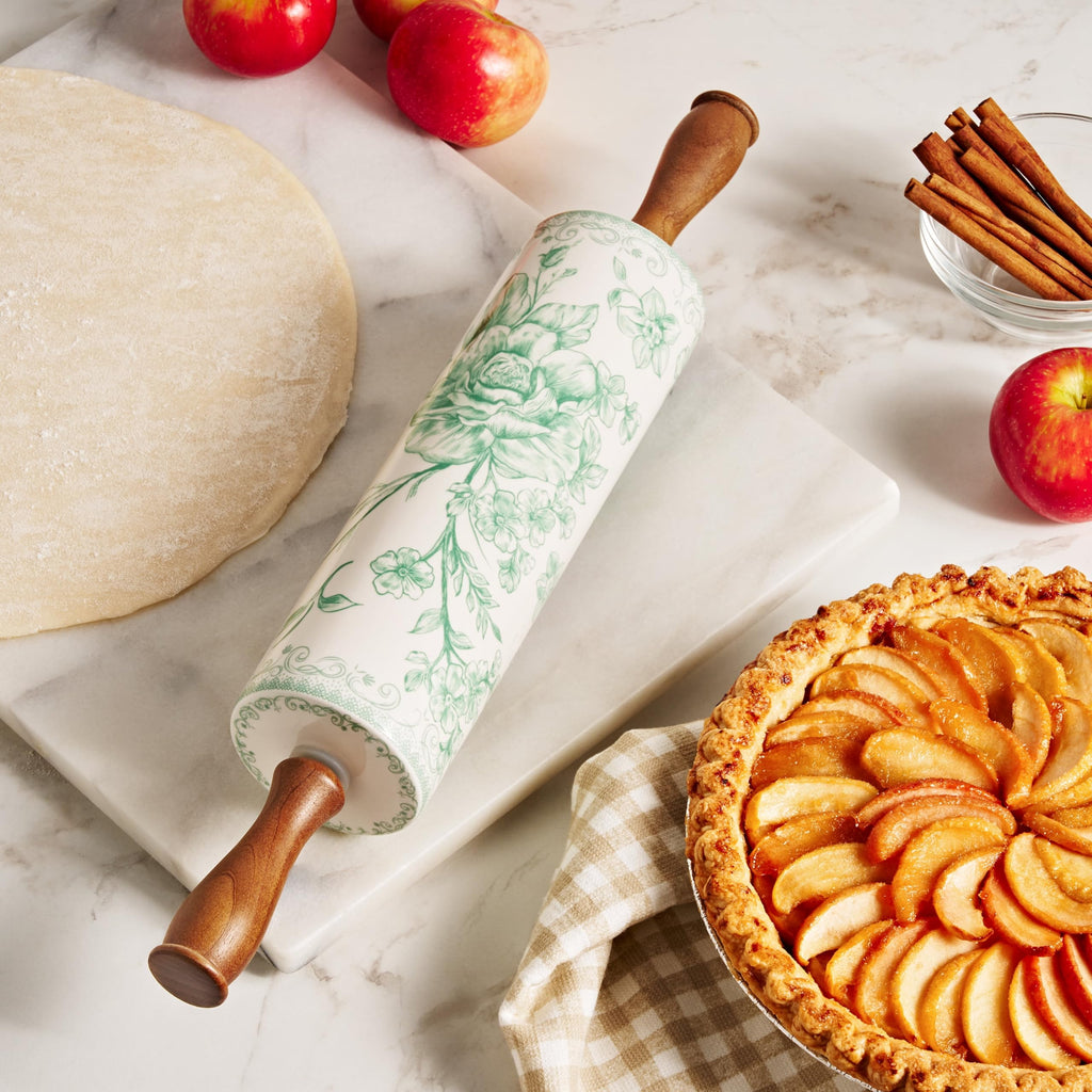Green Floral Stoneware Rolling Pin With Wooden Handles, 18.25 Inch Smooth Ceramic Dough Roller For Pie Pizza Baking Kitchen Tool product image
