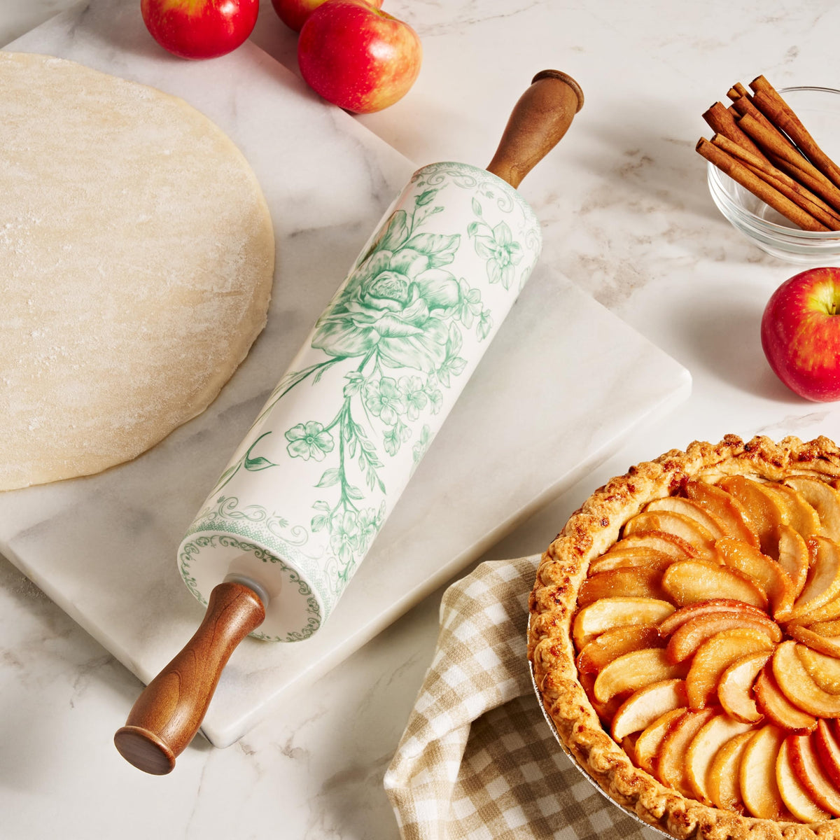 Green Floral Stoneware Rolling Pin With Wooden Handles, 18.25 Inch Smooth Ceramic Dough Roller For Pie Pizza Baking Kitchen Tool product image